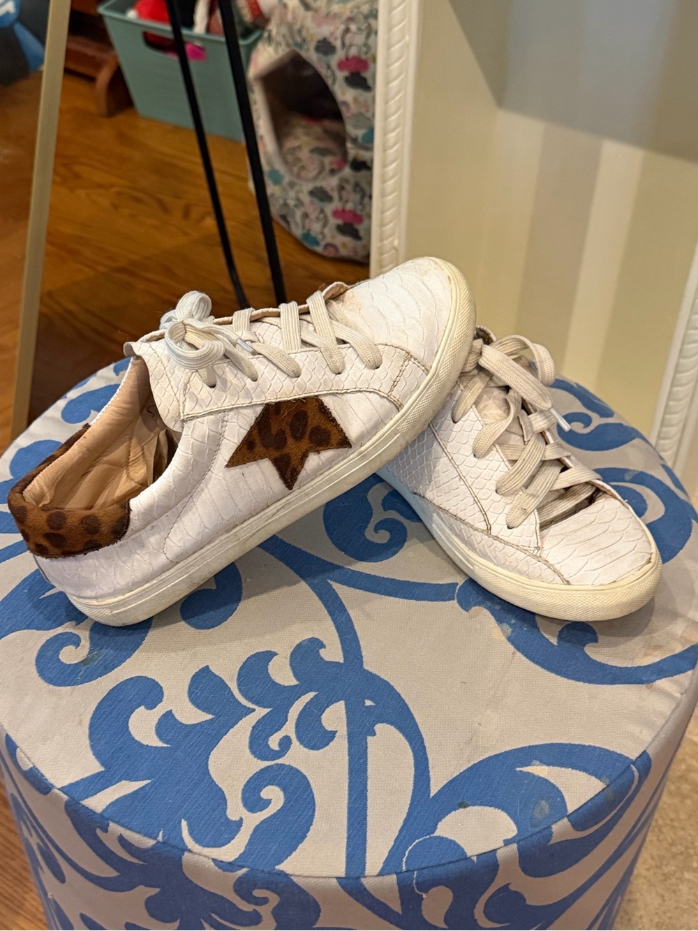 White Leather Sneakers with Leopard Accent